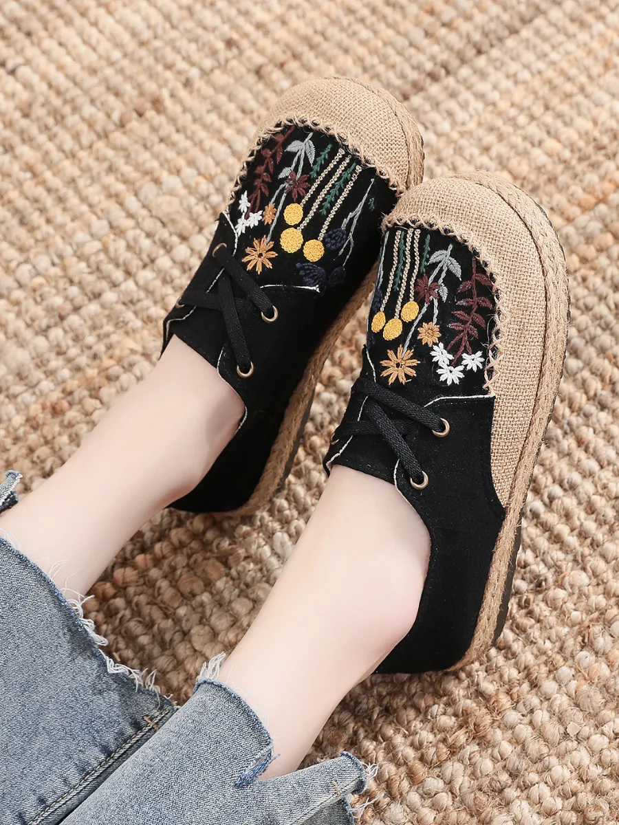 Garden Embroidered Linen Boat Shoes Espadrilles - Black