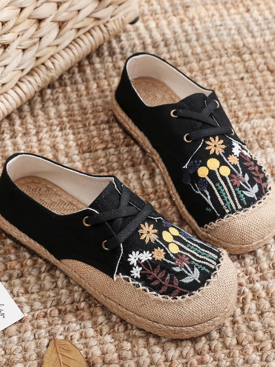 Garden Embroidered Linen Boat Shoes Espadrilles - Black