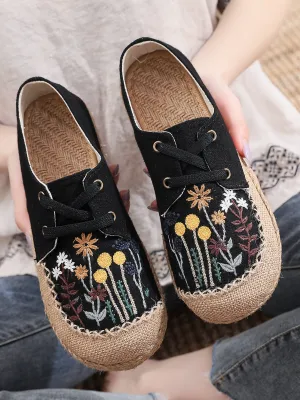 Garden Embroidered Linen Boat Shoes Espadrilles - Black