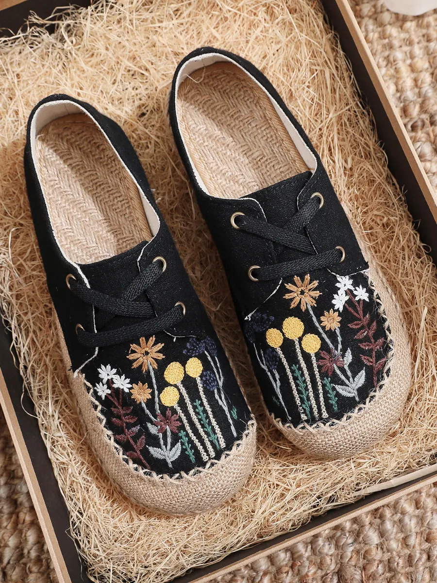 Garden Embroidered Linen Boat Shoes Espadrilles - Black