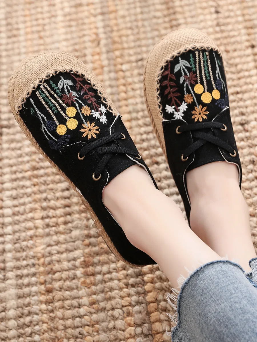 Garden Embroidered Linen Boat Shoes Espadrilles - Black