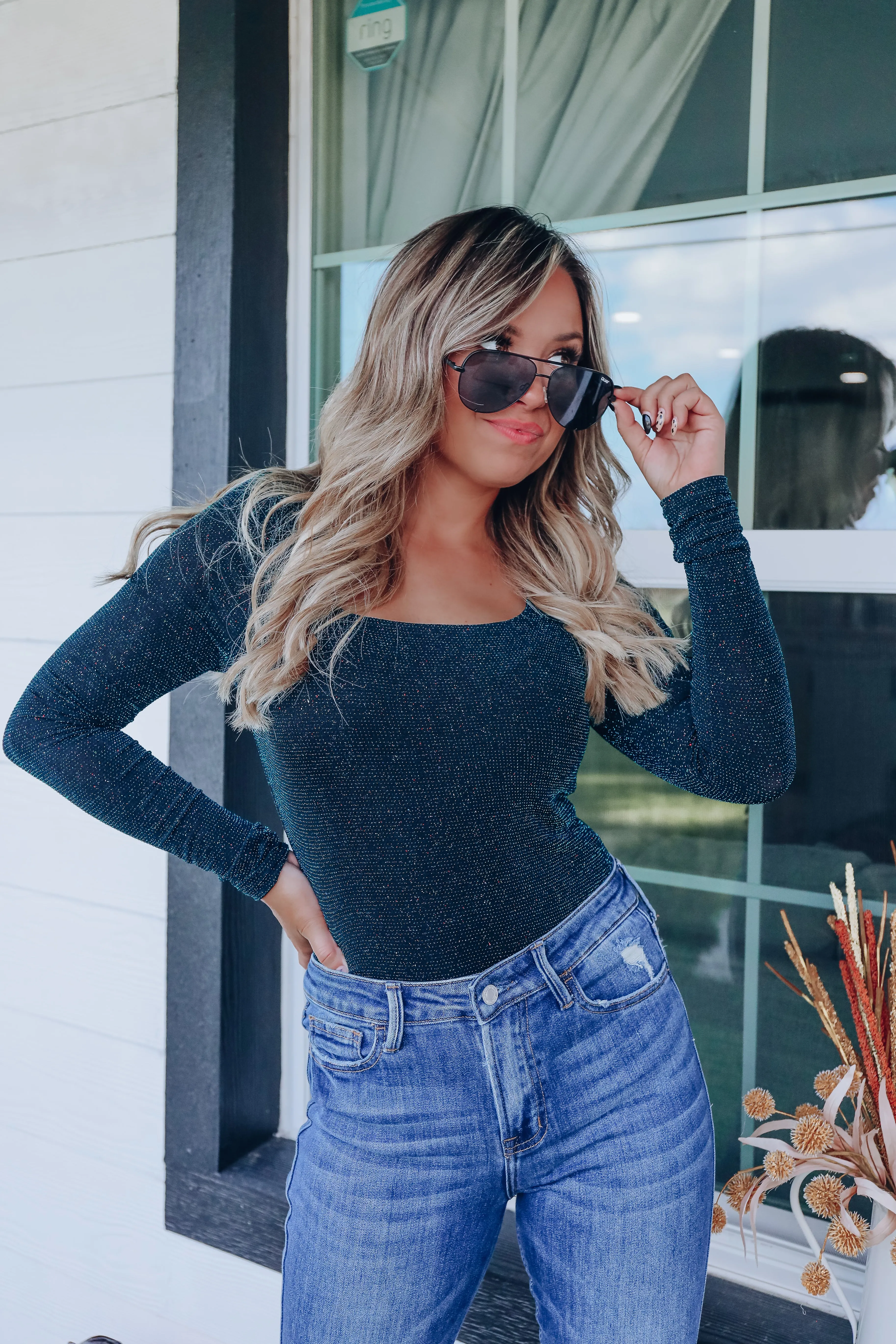 Gina Glistening Metallic Bodysuit - Navy
