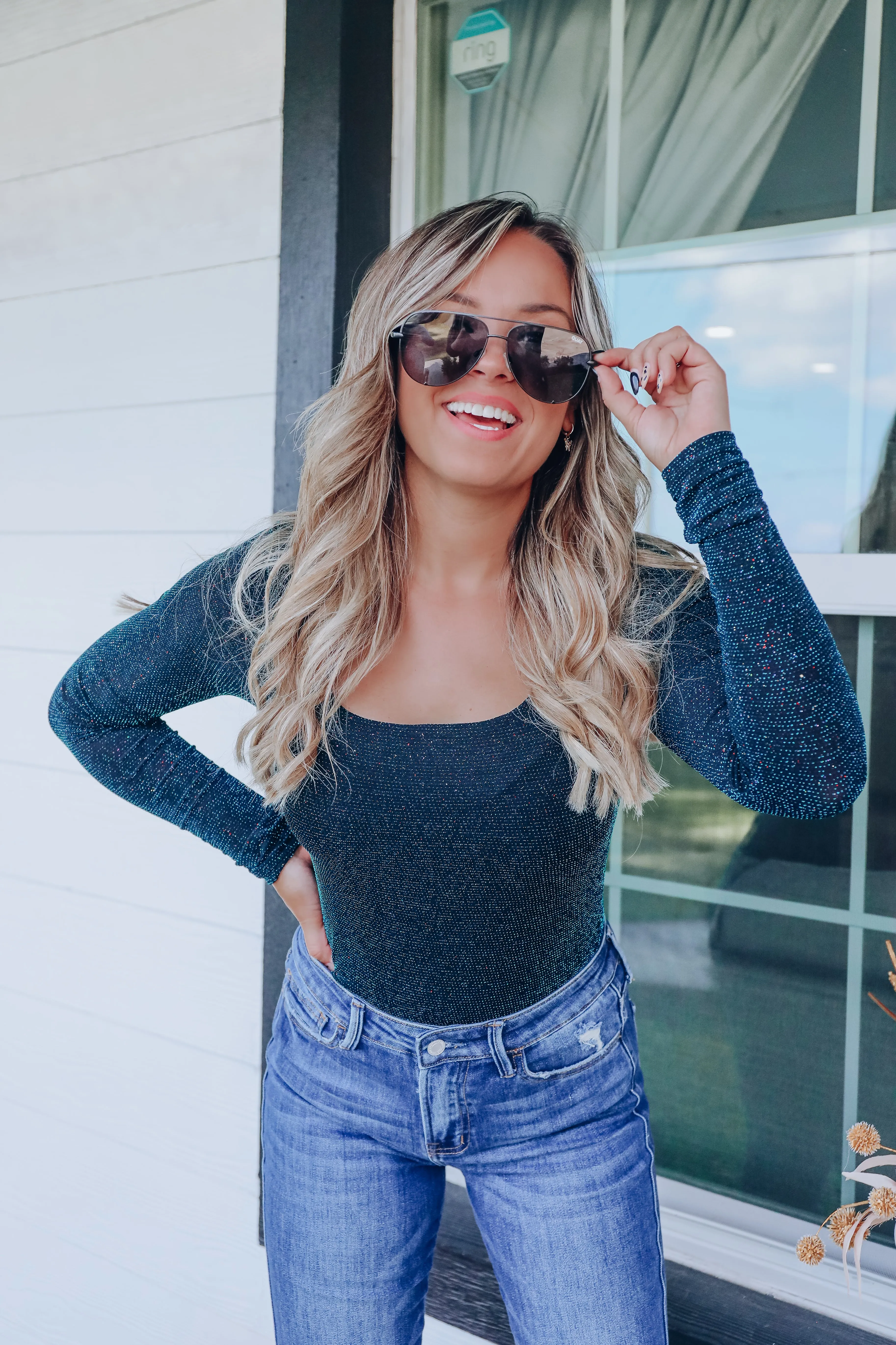 Gina Glistening Metallic Bodysuit - Navy