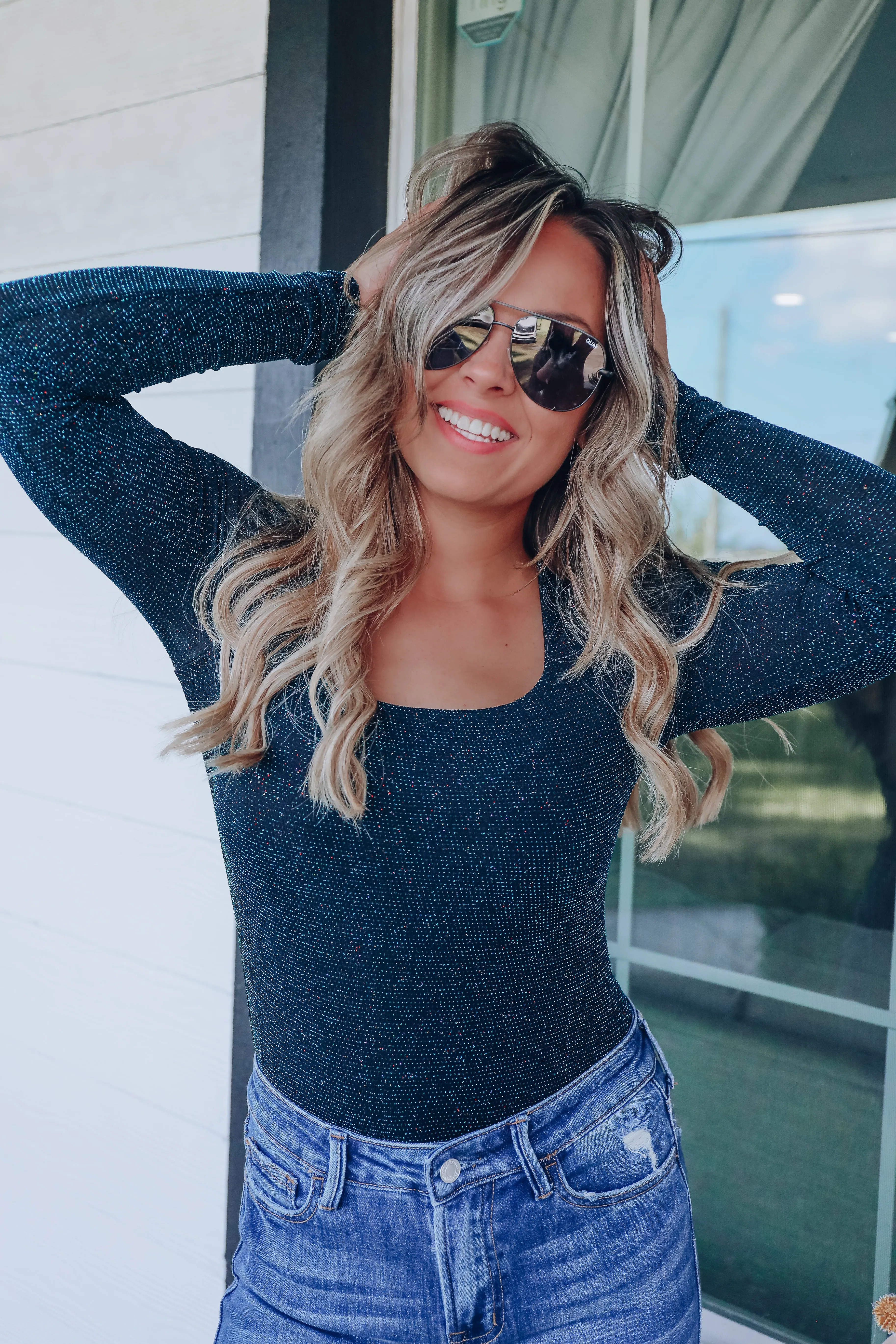 Gina Glistening Metallic Bodysuit - Navy