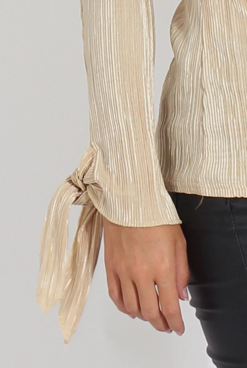 Gold Pleated Tie Cuff Bardot Top - Marcia