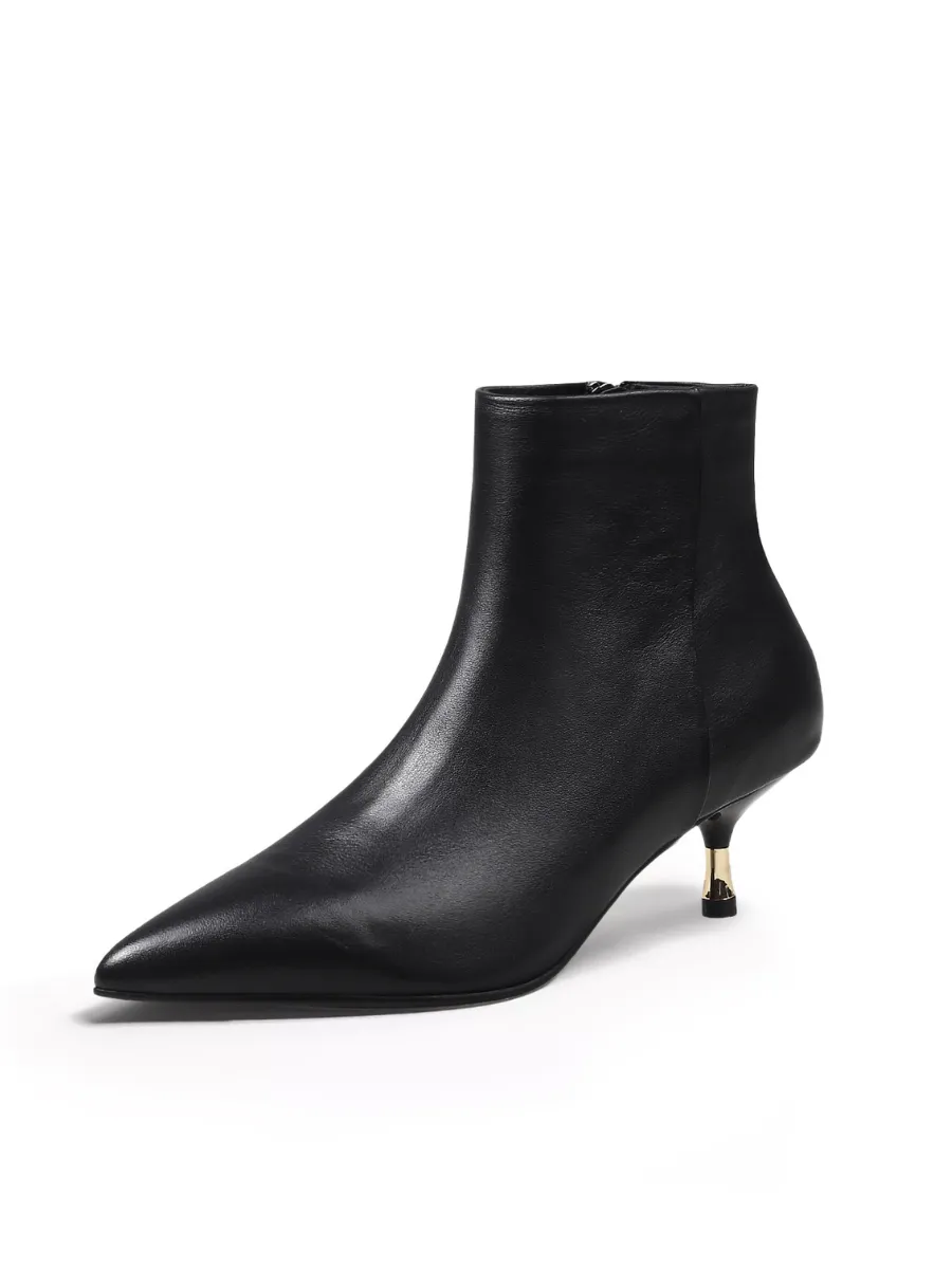 Golden Kitten Heel Leather Bootie - Black