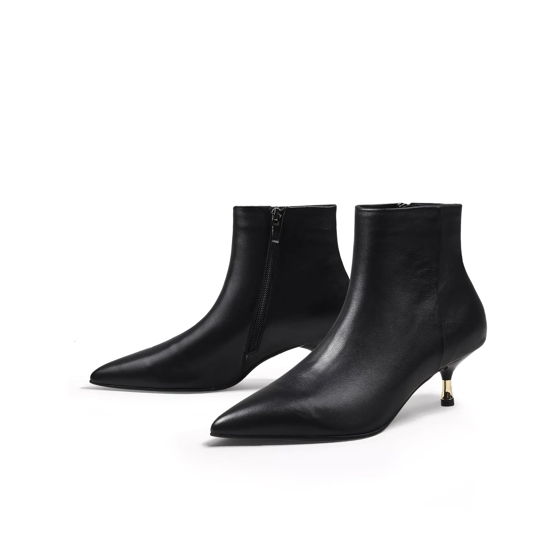 Golden Kitten Heel Leather Bootie - Black