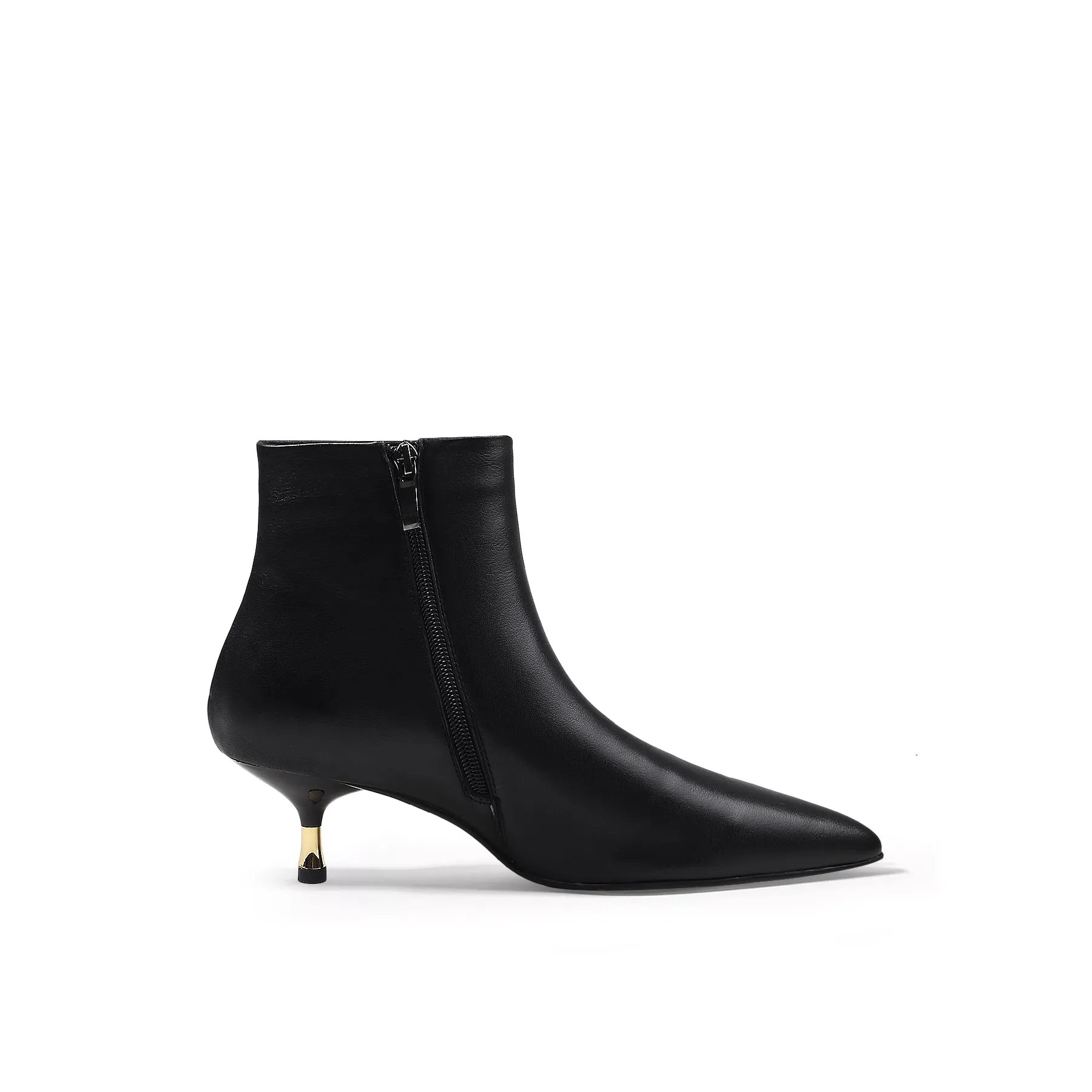 Golden Kitten Heel Leather Bootie - Black