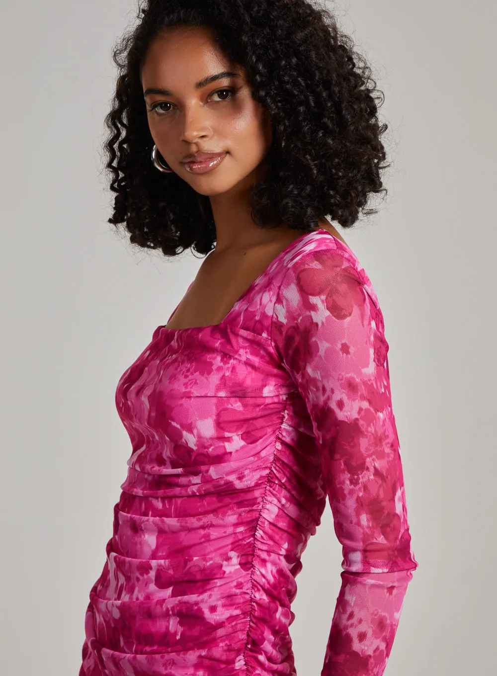 Graphic Floral Long Sleeve Square Neck Dress