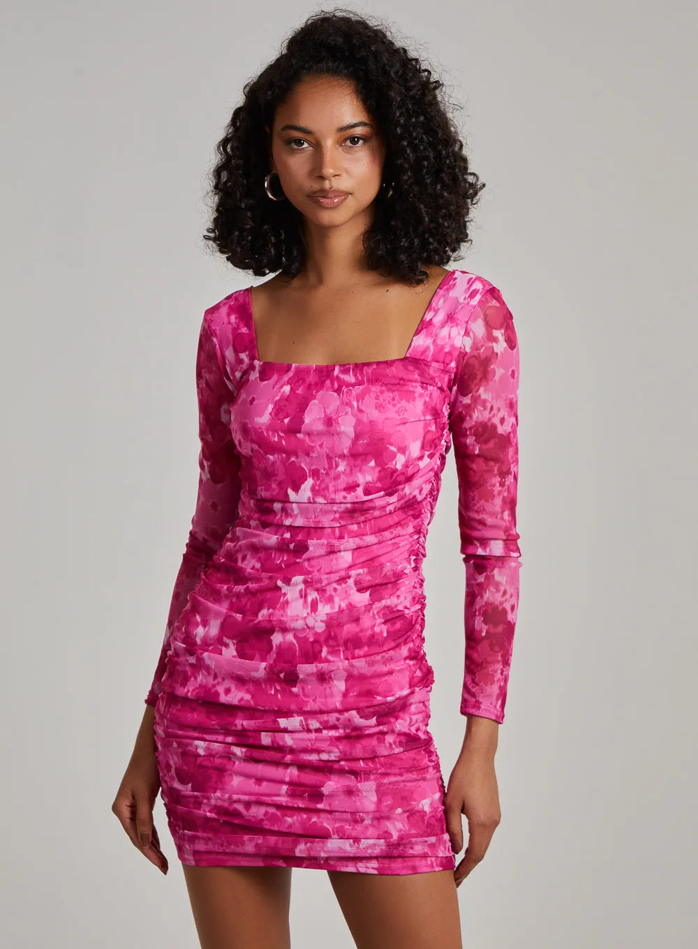 Graphic Floral Long Sleeve Square Neck Dress
