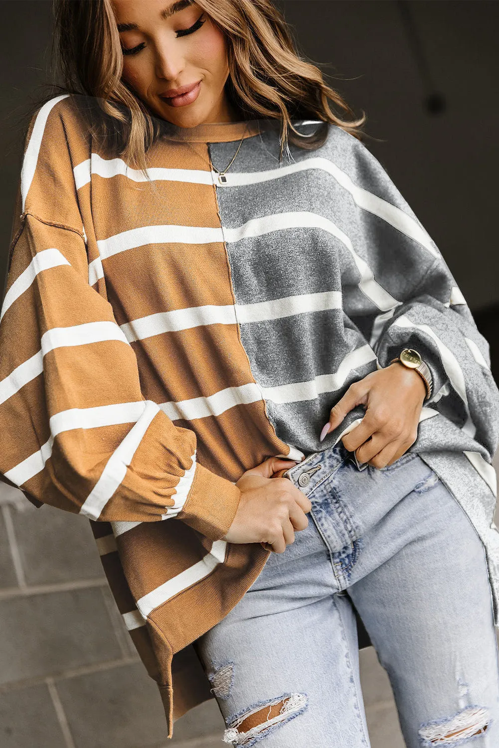 Gray Oversized Contrast Printed Dropped Shoulder Top