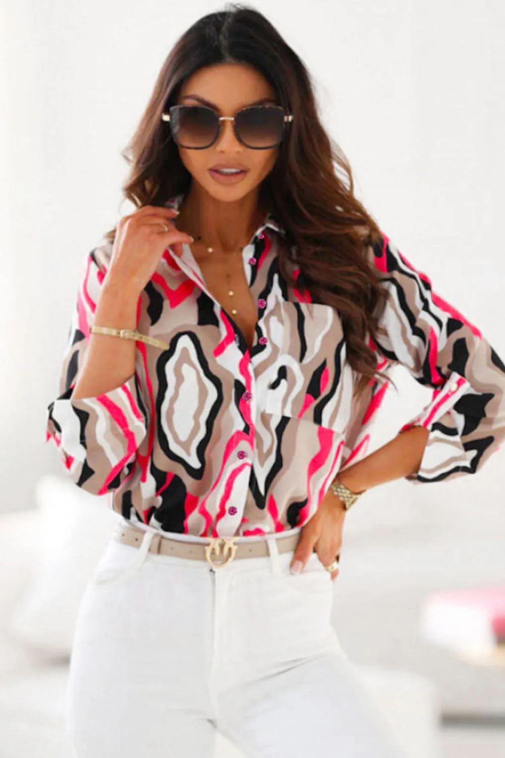 Green Abstract Print Roll-tab Sleeve Chest Pocket Shirt