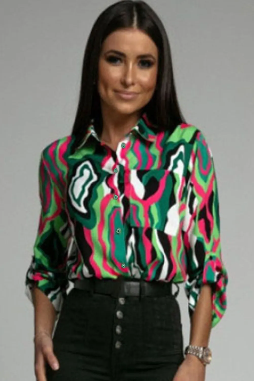 Green Abstract Print Roll-tab Sleeve Chest Pocket Shirt