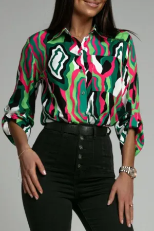 Green Abstract Print Roll-tab Sleeve Chest Pocket Shirt