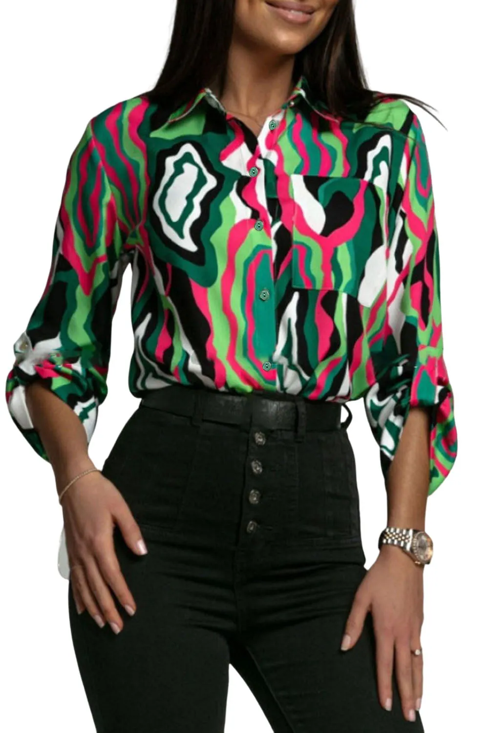 Green Abstract Print Roll-tab Sleeve Chest Pocket Shirt