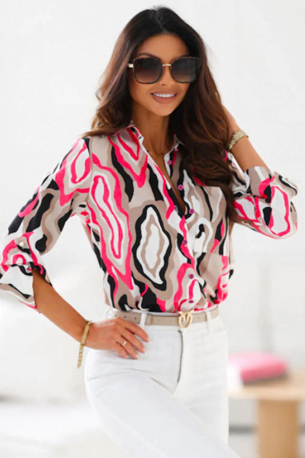 Green Abstract Print Roll-tab Sleeve Chest Pocket Shirt