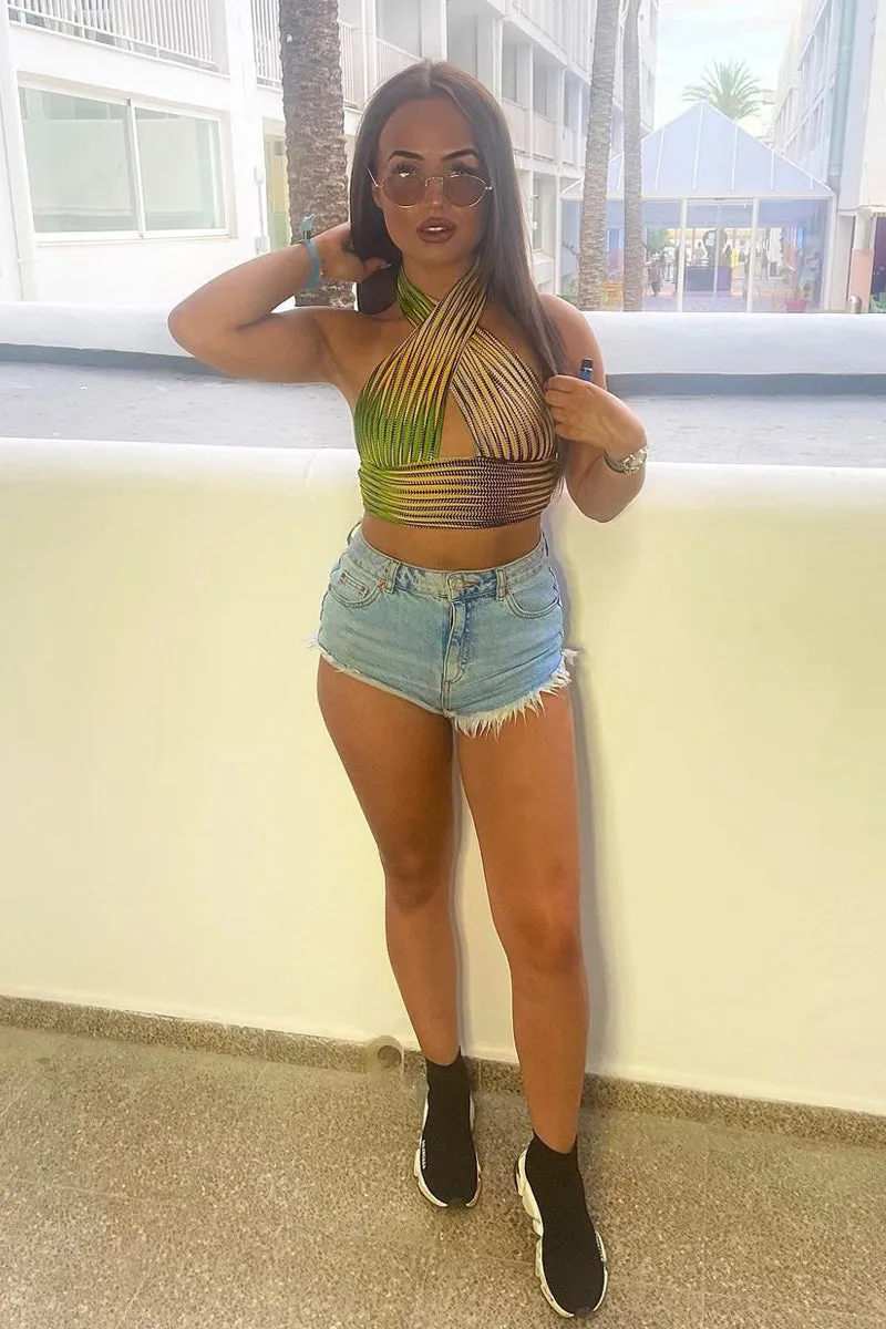 Green Mesh Blend Halter Neck Crop Top - Naroa