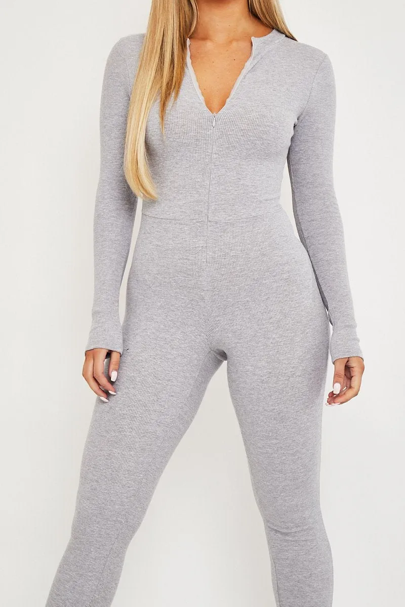 Grey Zip Up Front Full Sleeve Ribbed Jumpsuit - Lola