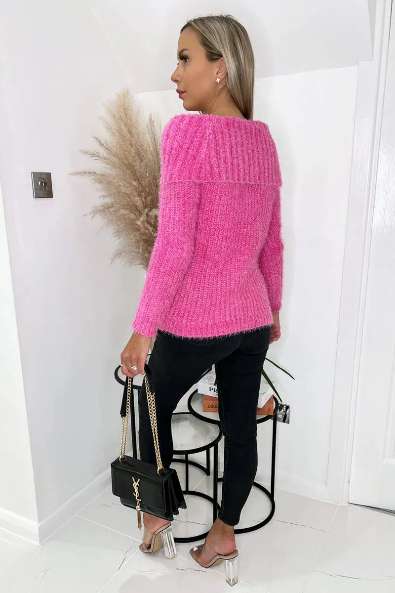 Hot Pink Wide Roll Neck Long Sleeve Fluffy Knitted Jumper