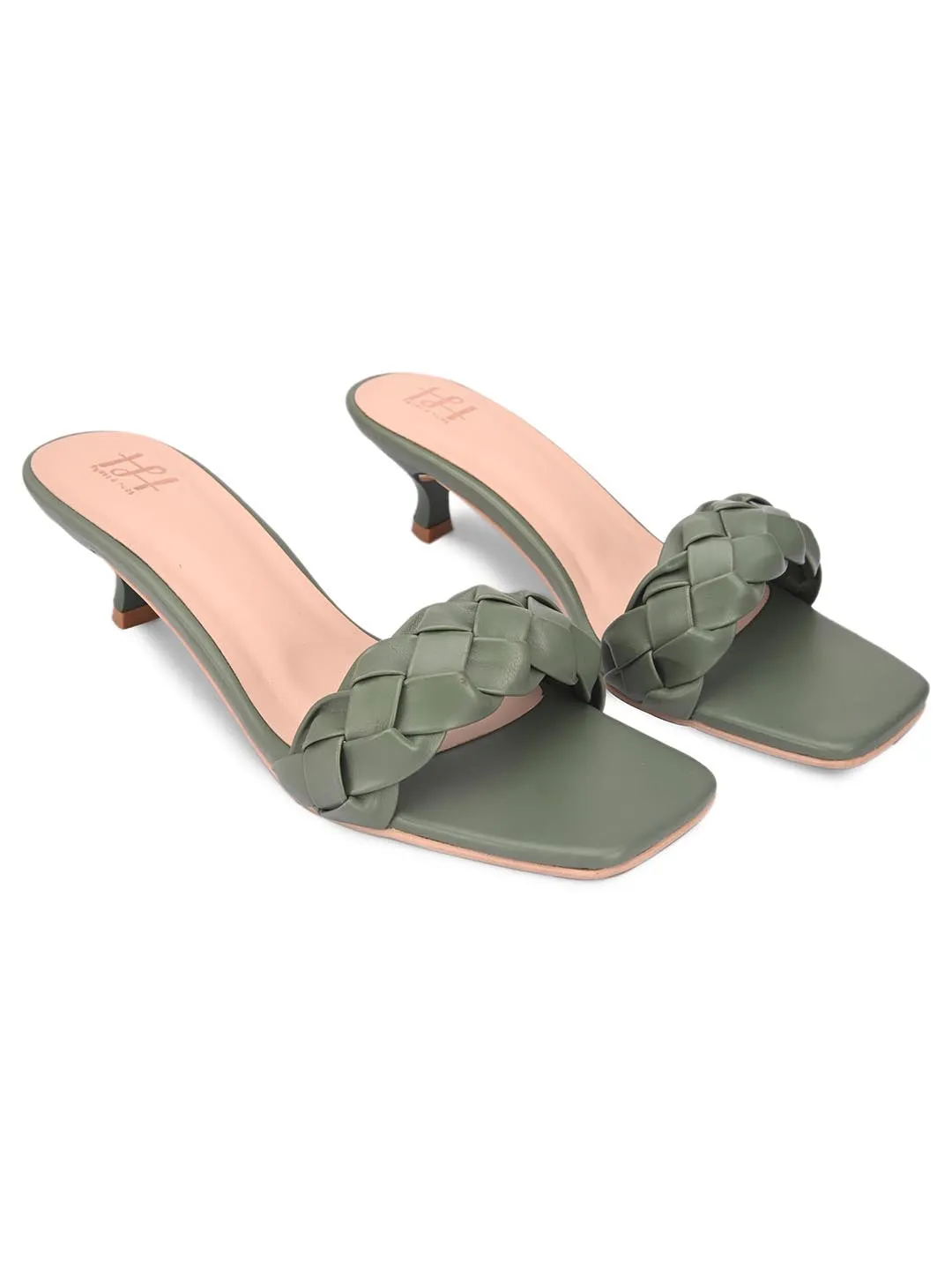 Hydes N Hues Olive Coloured Woven Design Kitten Heels