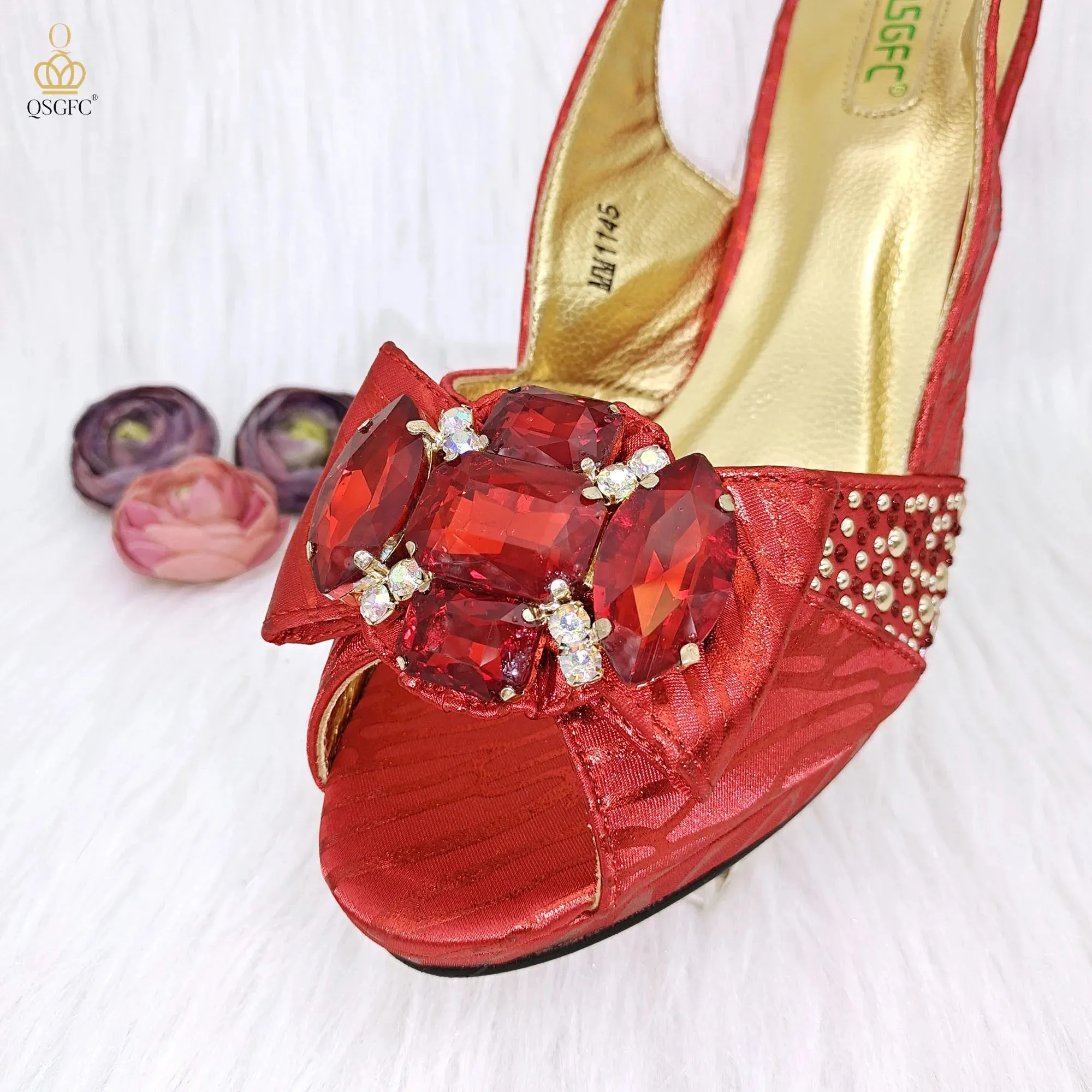JMF Red Color Elegant lady Fashion Peep Toe Shoes Bride Comfortable Party Ladies Shoes and Bag Set  for women