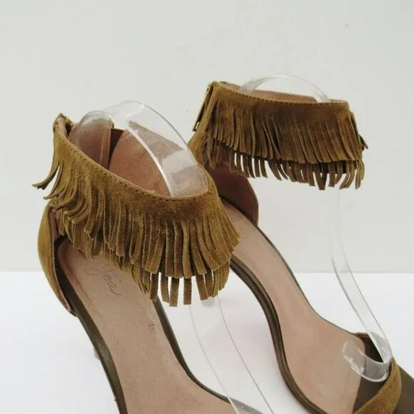 Joie Revolve Womens Alek Boho Brown Greenish Suede Fringe Heels Size 7.5