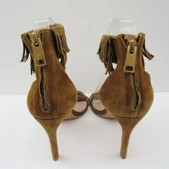 Joie Revolve Womens Alek Boho Brown Greenish Suede Fringe Heels Size 7.5