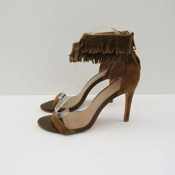 Joie Revolve Womens Alek Boho Brown Greenish Suede Fringe Heels Size 7.5
