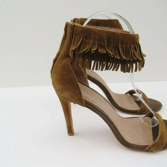 Joie Revolve Womens Alek Boho Brown Greenish Suede Fringe Heels Size 7.5