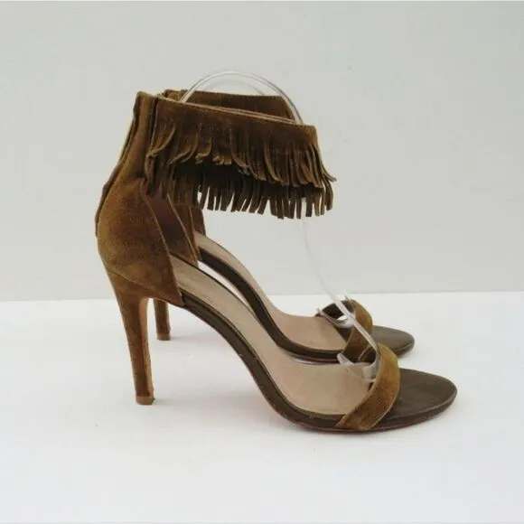 Joie Revolve Womens Alek Boho Brown Greenish Suede Fringe Heels Size 7.5