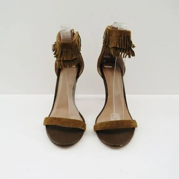 Joie Revolve Womens Alek Boho Brown Greenish Suede Fringe Heels Size 7.5