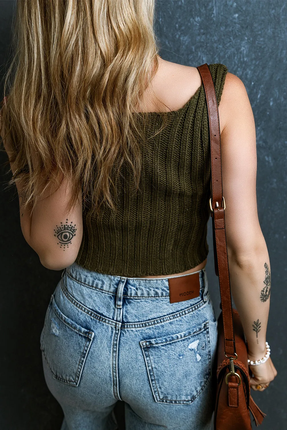 Jungle Green Wide Rib Knit Square Neck Sweater Vest
