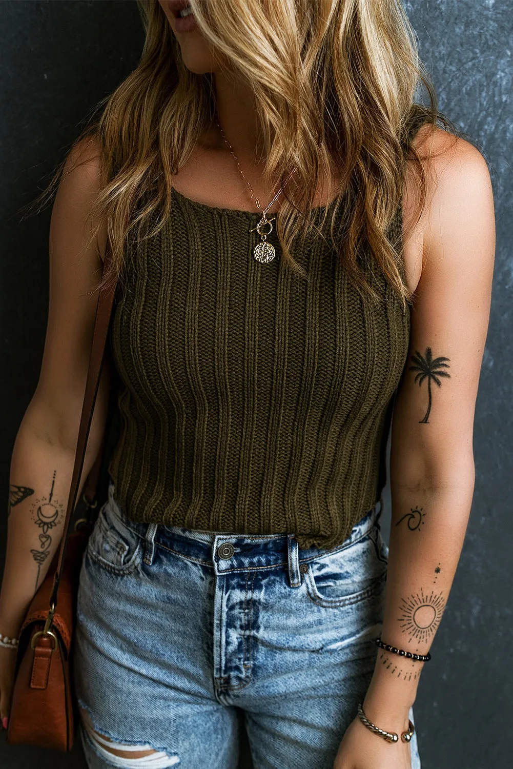 Jungle Green Wide Rib Knit Square Neck Sweater Vest