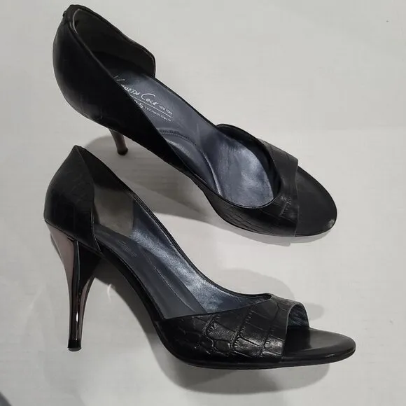 Kenneth Cole New York Wicked N Wild Black Peep Toe Leather Heels Size 10