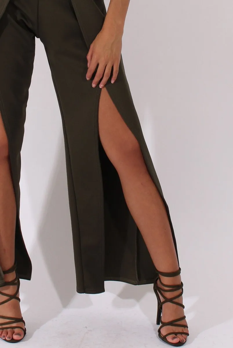 Khaki Bandeau Choker Split Detail Jumpsuit - Rosy
