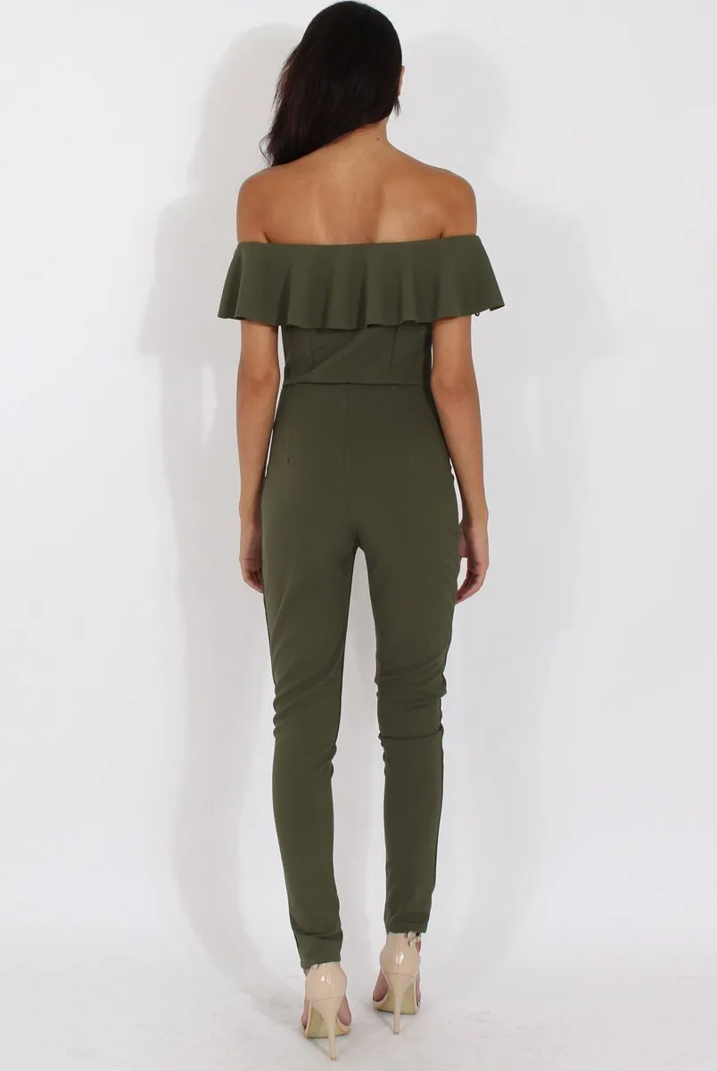 Khaki Bardot Frill Layer Jumpsuit - Anastasia
