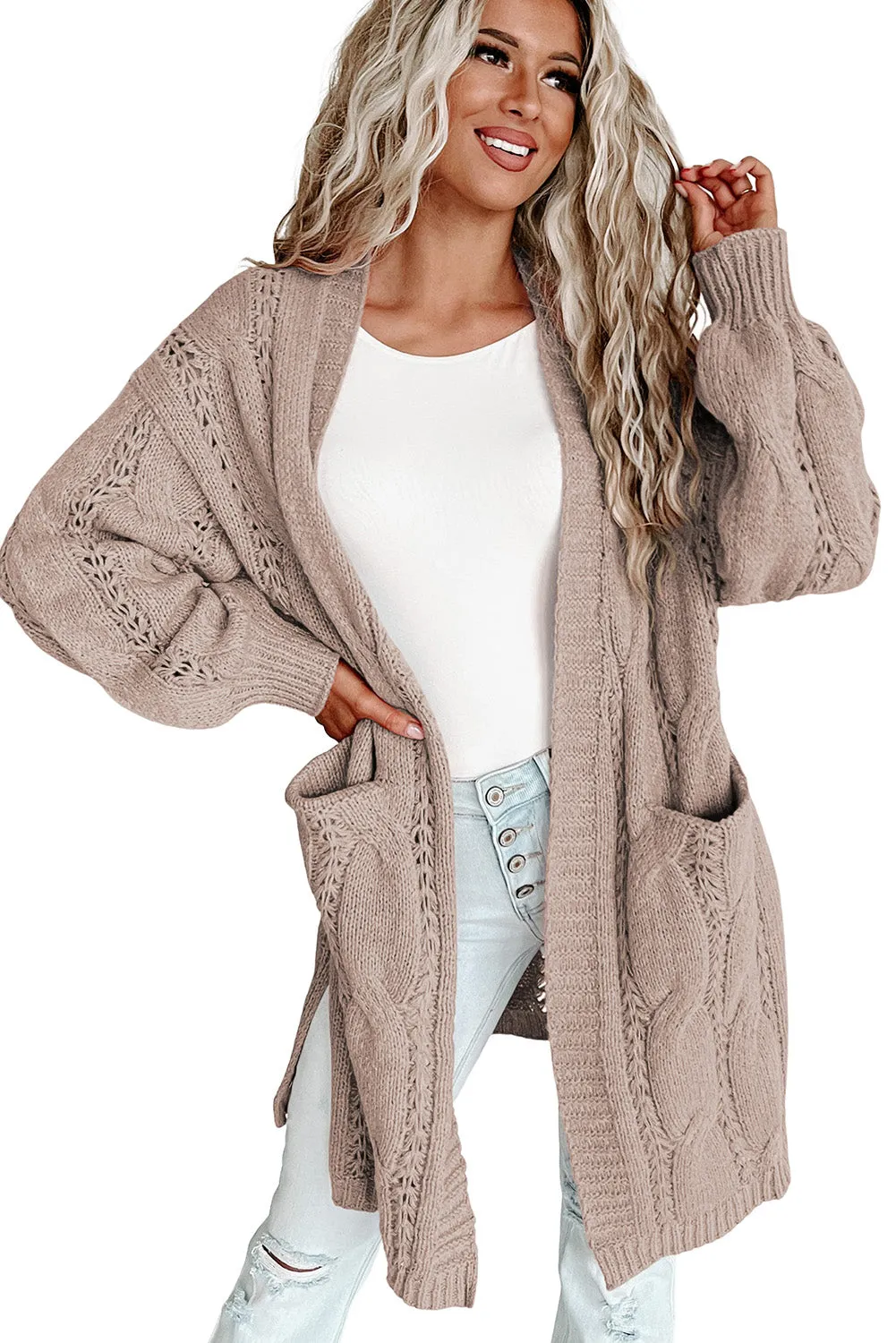 Khaki Ribbed Trim Eyelet Cable Knit Cardigan