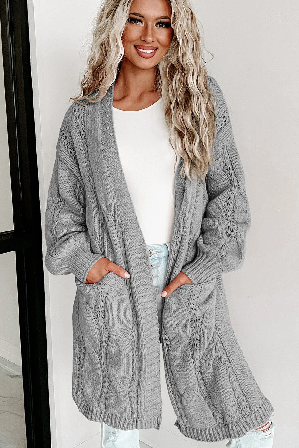 Khaki Ribbed Trim Eyelet Cable Knit Cardigan