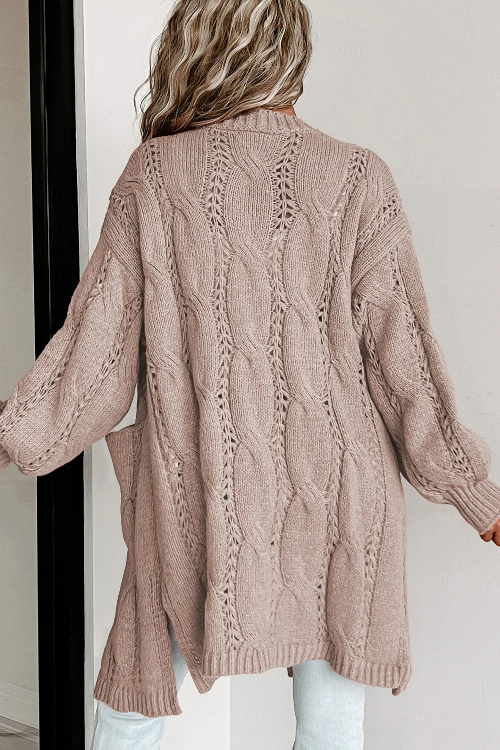 Khaki Ribbed Trim Eyelet Cable Knit Cardigan