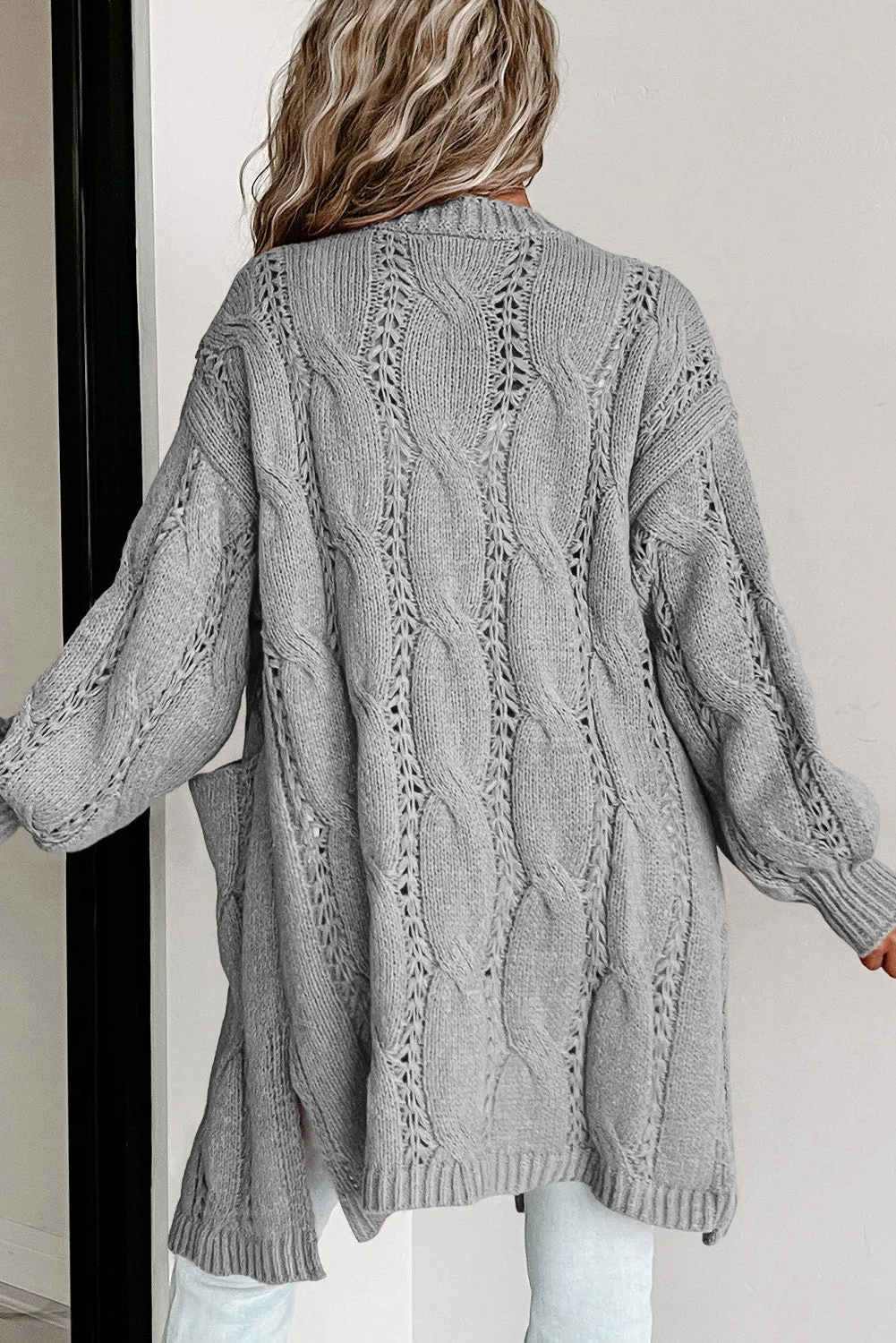 Khaki Ribbed Trim Eyelet Cable Knit Cardigan