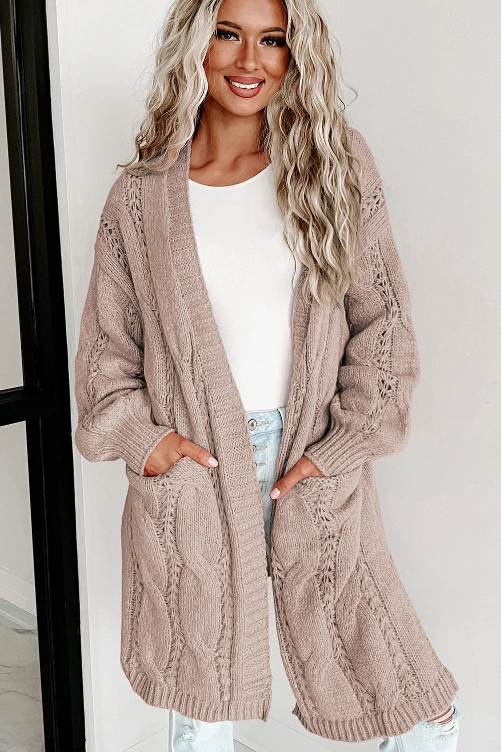 Khaki Ribbed Trim Eyelet Cable Knit Cardigan
