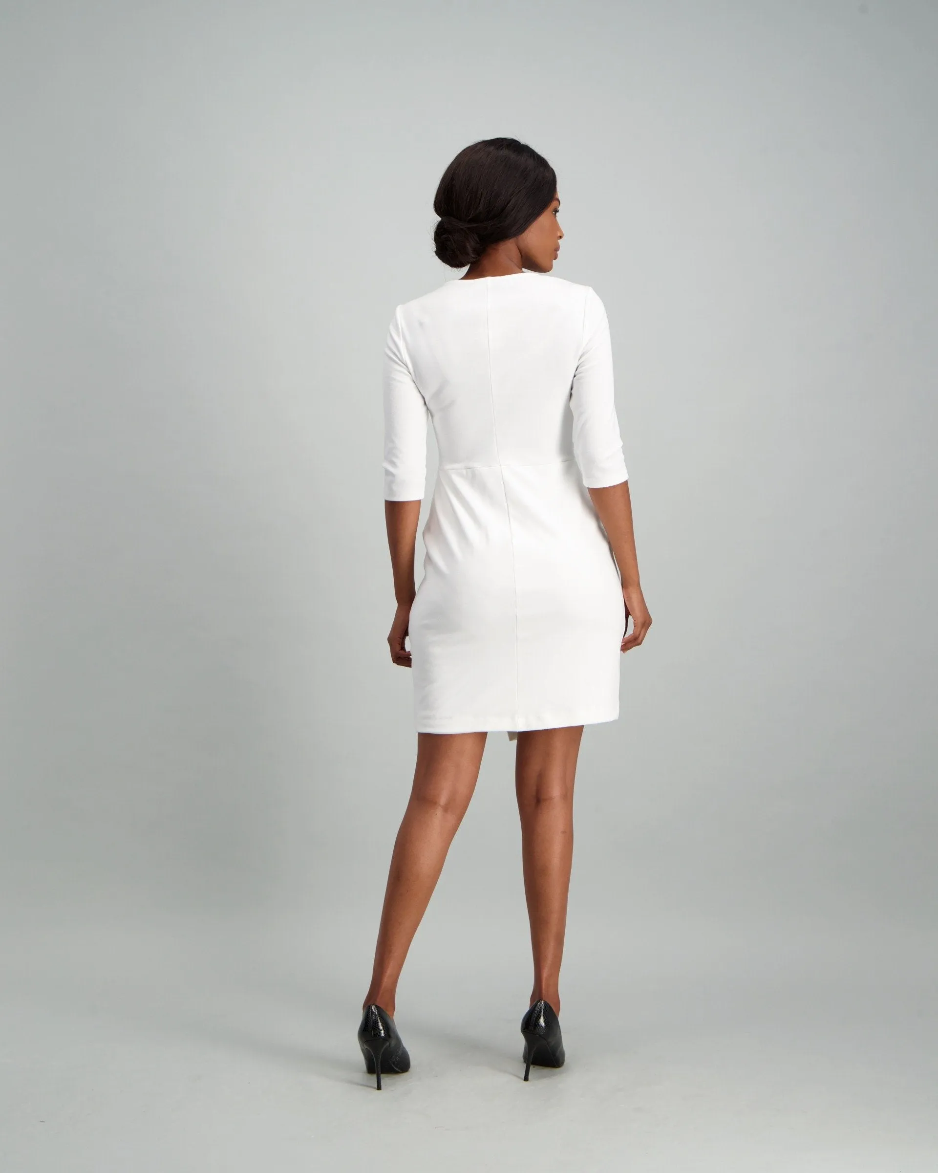 Ladies 3/4 Sleeve Mock Wrap Dress - Cream