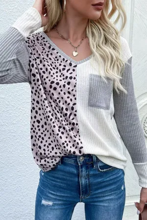 Leopard Patchwork Ribbed Color Block V Neck Top