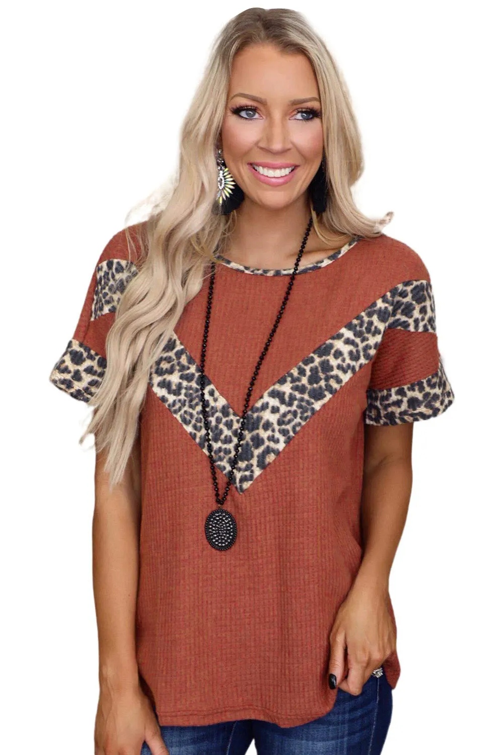 Leopard Splicing Waffle Knit Short Sleeve Tee