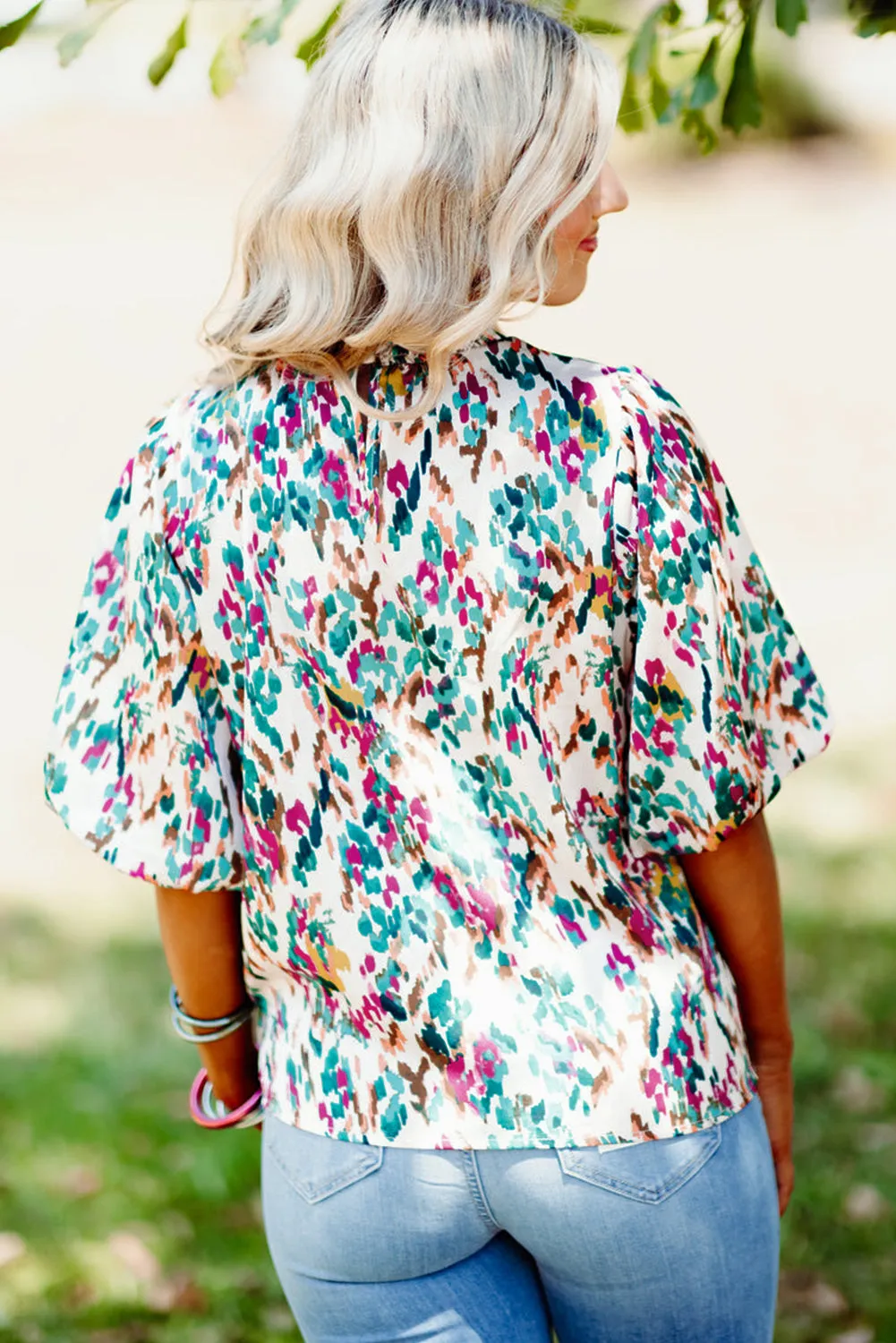 Light Blue Abstract Print Puff Sleeve Mock Neck Blouse