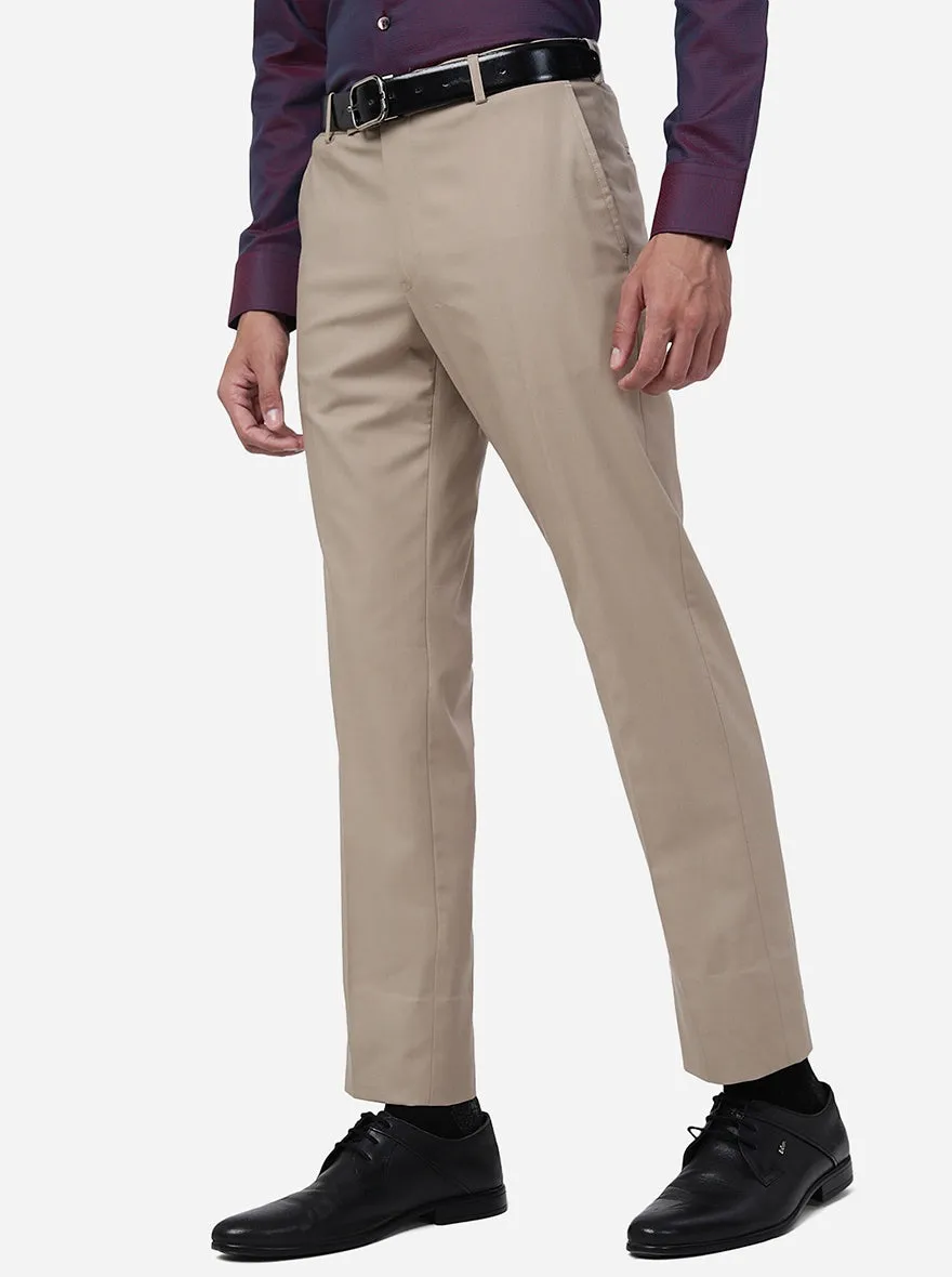 Light Brown Solid Slim Fit Formal Trouser | Metal