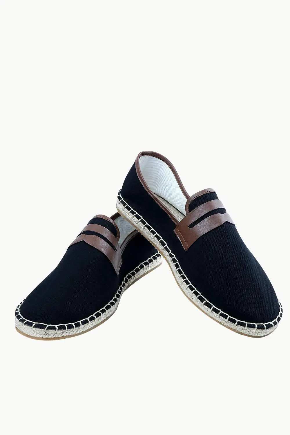 Men's Leather Patch Black Canvas Espadrilles