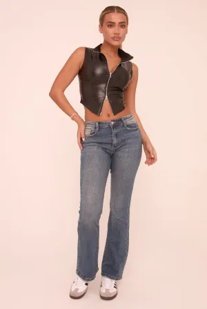 Mid Blue Mid Waist Kick Flare Denim Jeans - Ondrea