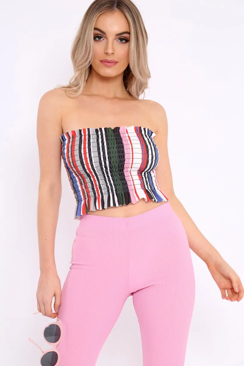 Multi Stripe Shirred Frill Bandeau Crop Top - Camren