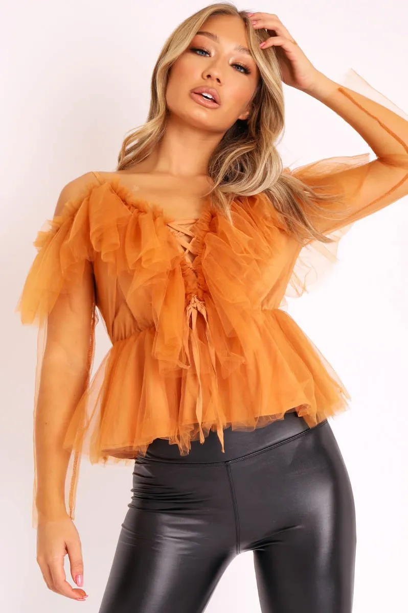 Mustard Tulle Ruffle Mesh Long Sleeve Tie Front Top - Abbi